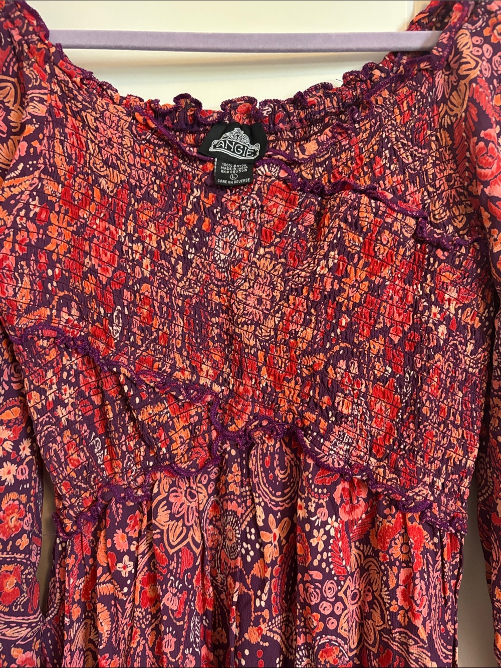 Angie Bohemian Long Sleeve Floral Maxi Dress in Red-Purple size L - Picture 4 of 5